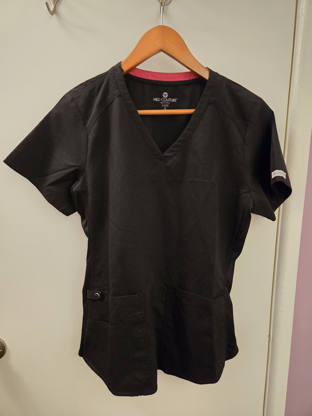 MED Couture Black V-Neck Scrub Top with Pink Trim